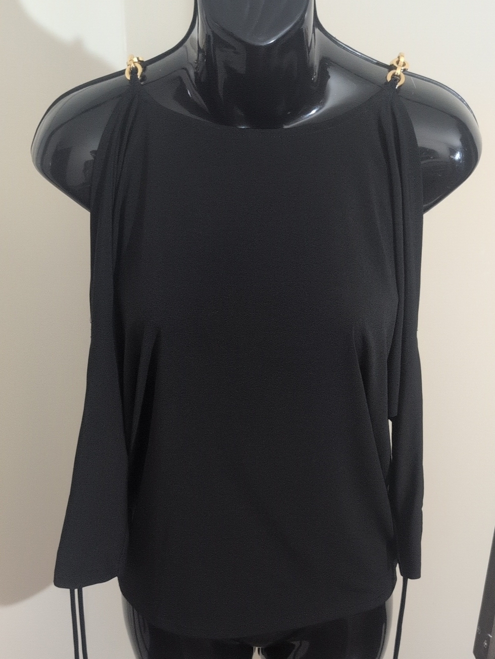 Michael Kors |Black Long Sleve peekaBoo Shoulders Gold Chain Detail Women’s Top